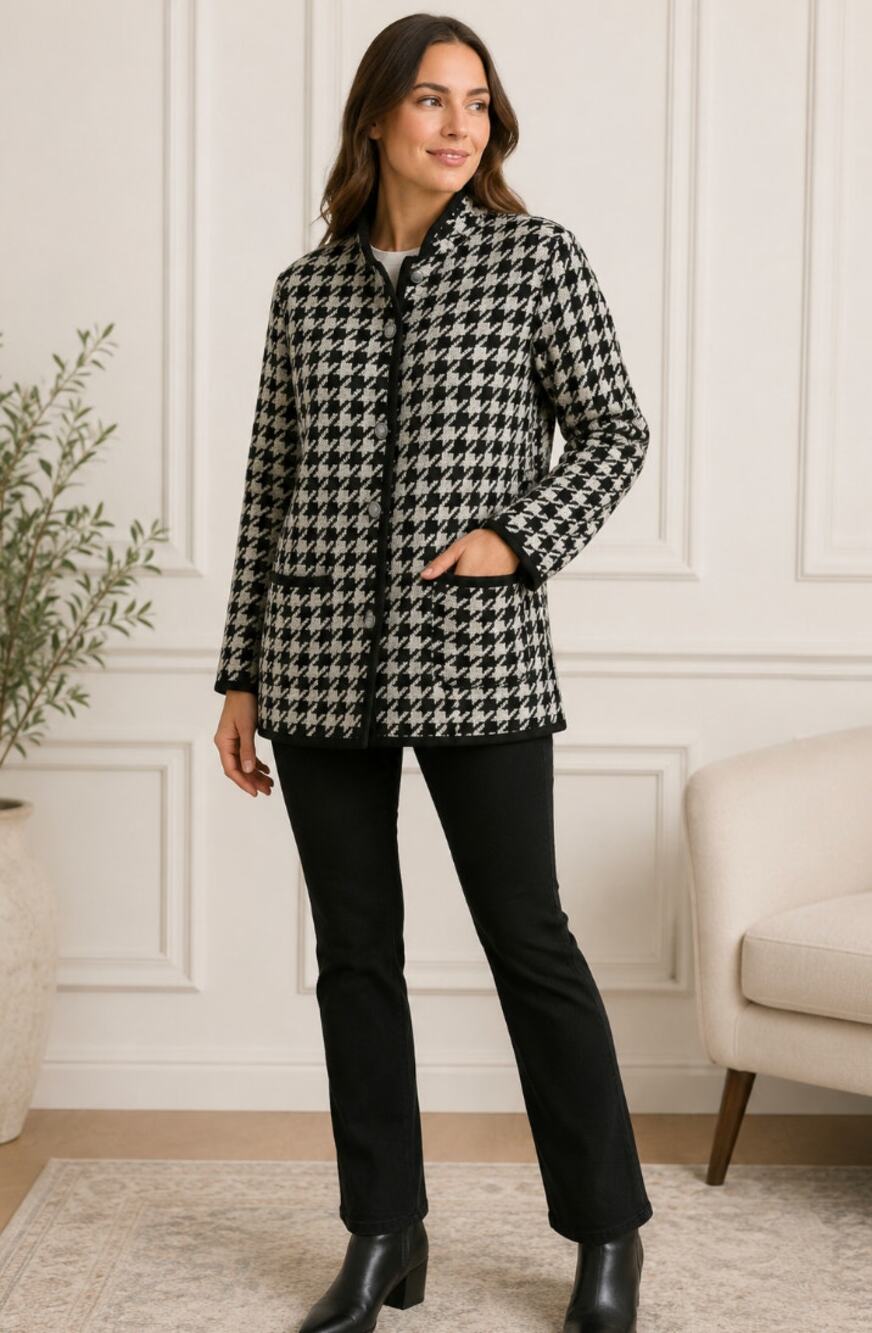 Appleseed’s Womens 8 Black White Houndstooth Longline Coat Classic Outerwear